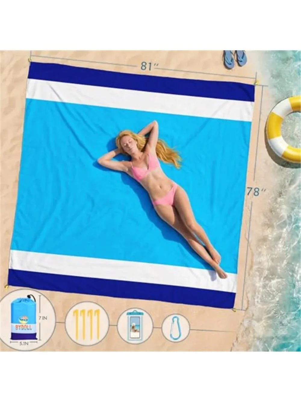 Oversized Beach Blanket Sandproof Waterproof Picnic Camping Mat White Blue